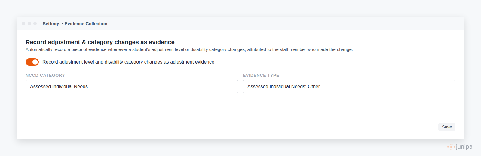 Setting to record adjustment and category changes as evidence