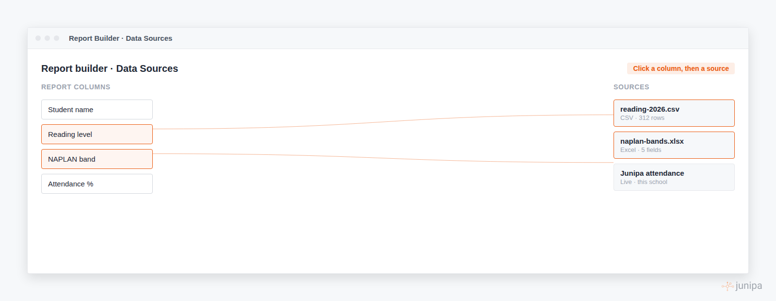 Report builder Data Sources view connecting report columns to file and live sources