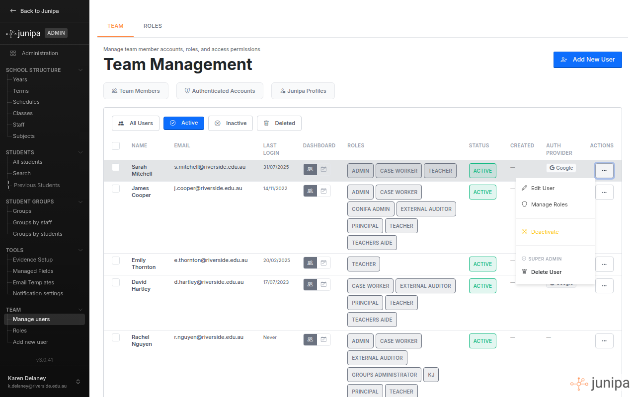 The actions menu for a user row, showing options for Edit User, Manage Roles, Deactivate, and Delete User.