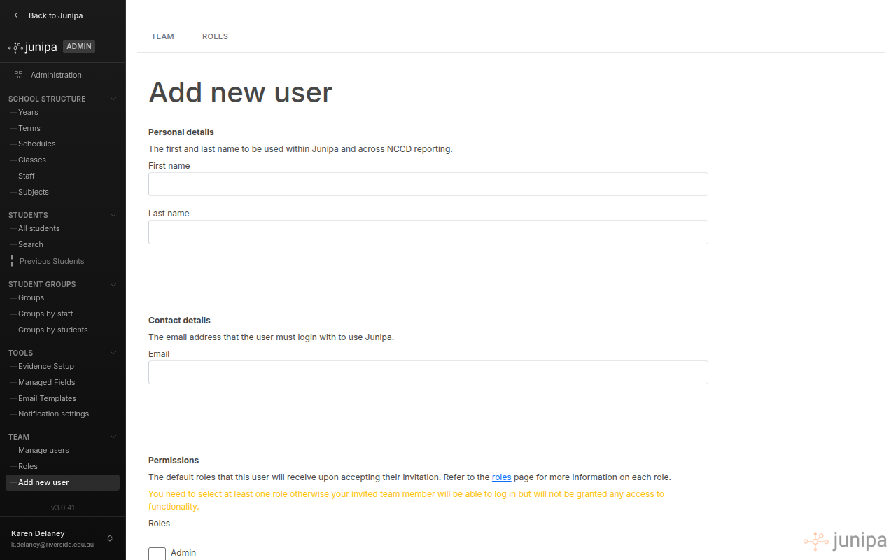 The Add New User form with fields for first name, last name, and email, along with role checkboxes for permissions.