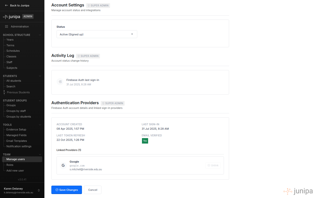 The Authentication Providers section on the Edit User page, showing account creation date, last sign-in, token refresh, email verification status, and linked providers.