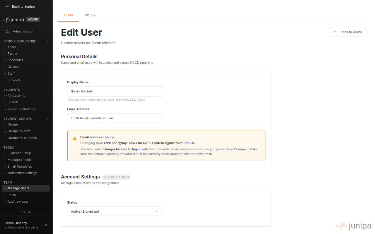 The Edit User page showing fields for display name, email address, and account status.