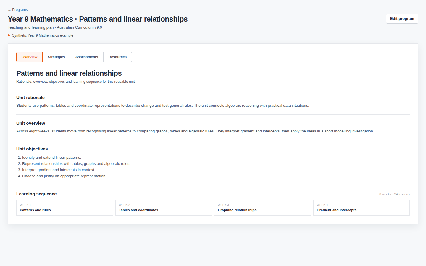 Synthetic Year 9 Mathematics teaching and learning plan showing rationale, overview, objectives and a patterns and linear relationships learning sequence