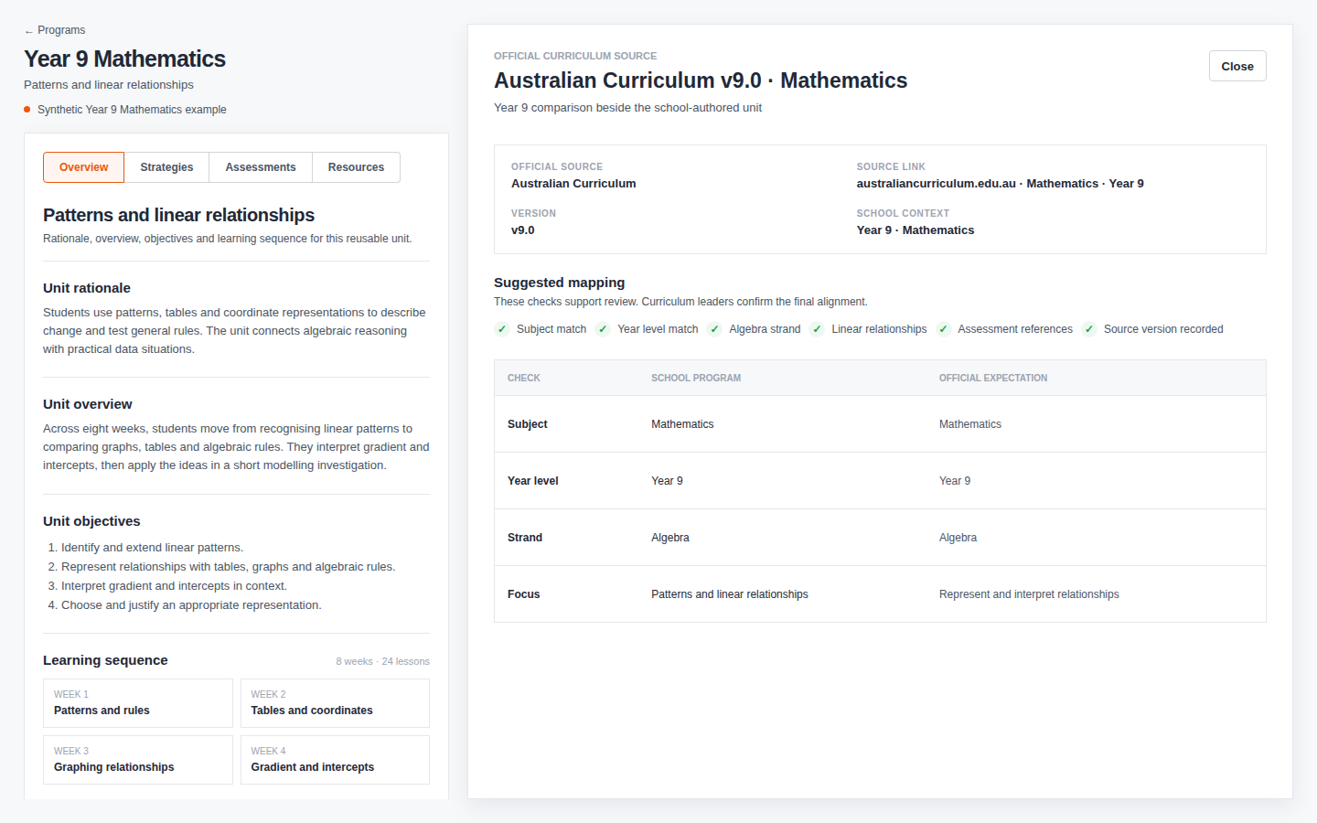 Australian Curriculum v9.0 Mathematics beside a synthetic Year 9 school program with source details and suggested mapping checks