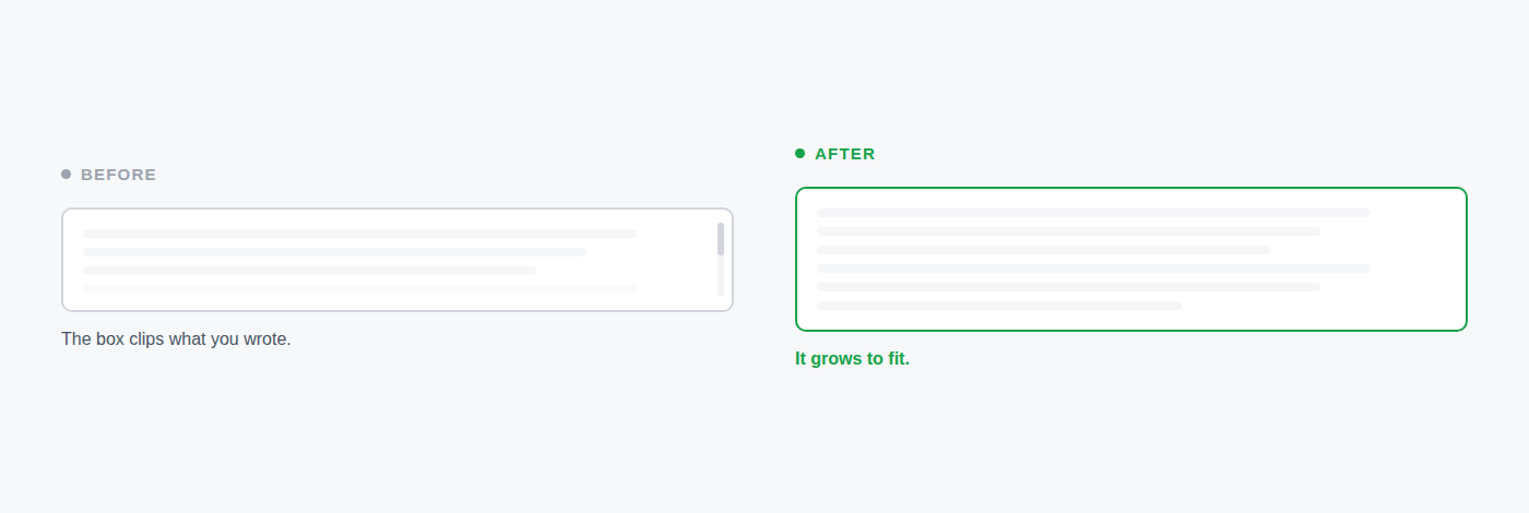 Before and after. Before: a short fixed field clips the adjustment behind a scrollbar. After: the field has grown to fit, with the full text visible.
