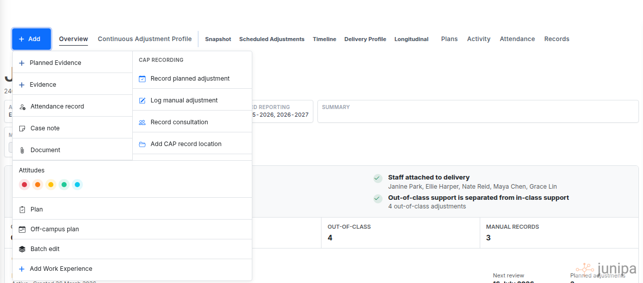Junipa student record with the Add menu open, showing Evidence, Case note and Document options.