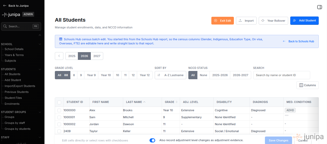 Junipa census batch edit screen with editable census columns for every student.