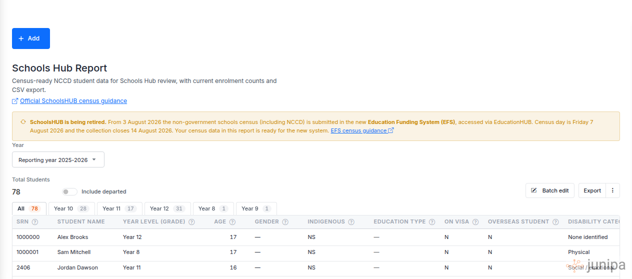 Junipa Schools Hub report with census columns and year level tabs.