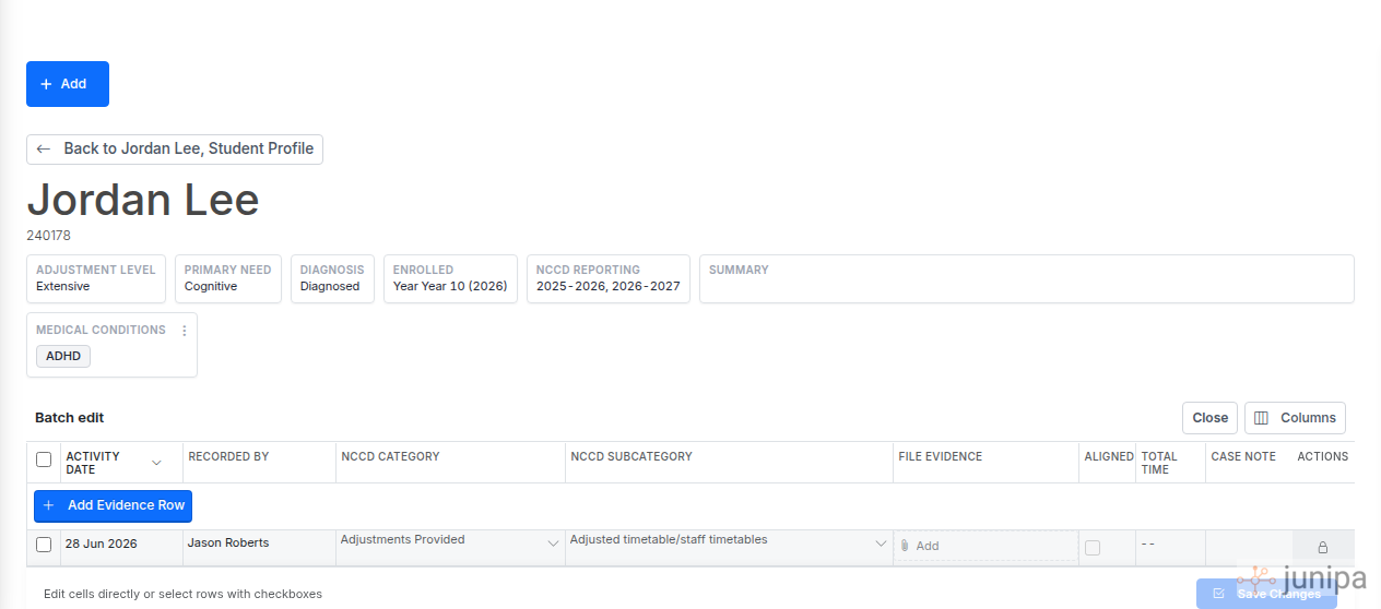 Junipa batch edit table for one student, with dates, NCCD categories, file evidence and alignment.