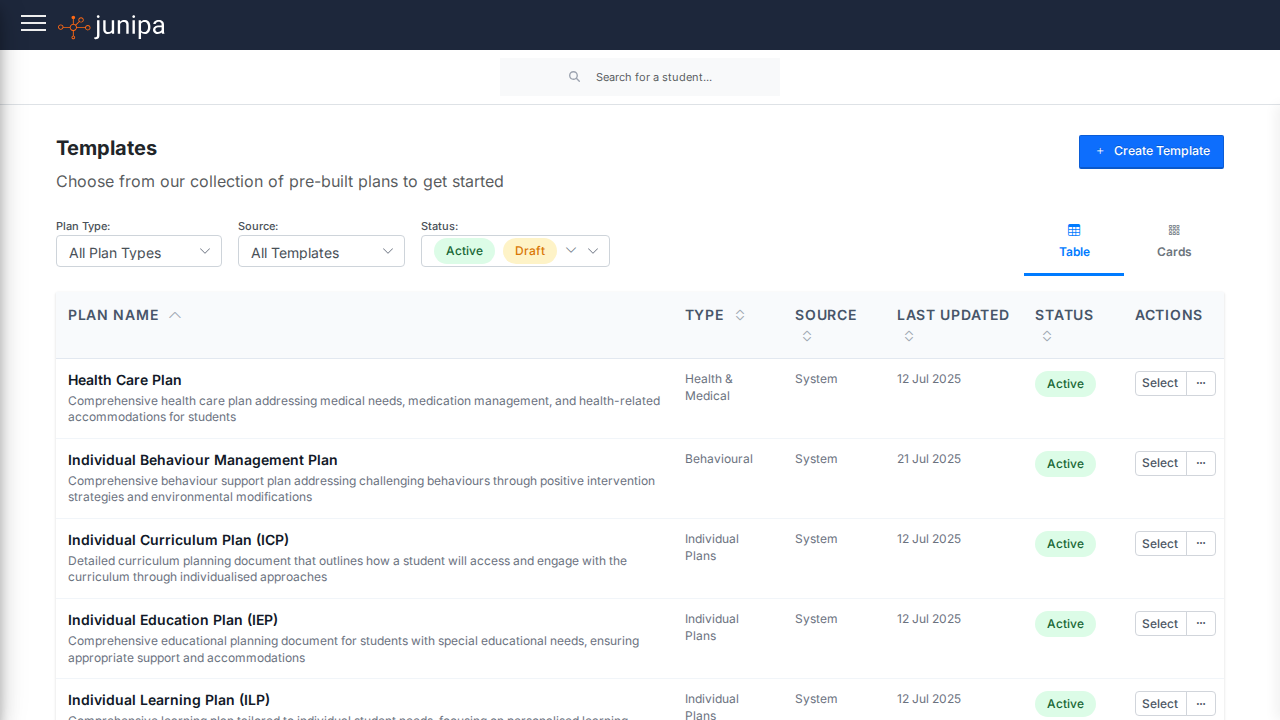 Junipa plan templates and document workflow screen.