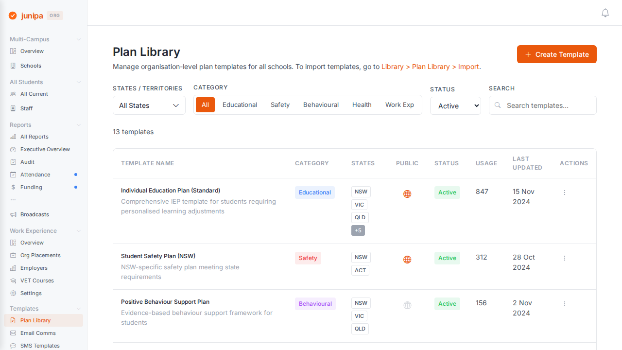 Junipa organisation plan library showing reusable plan and strategy content.