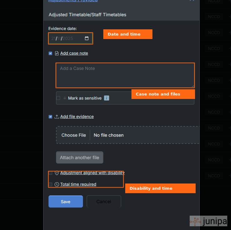 Junipa evidence form showing evidence date, case note, file evidence, disability alignment and total time fields.