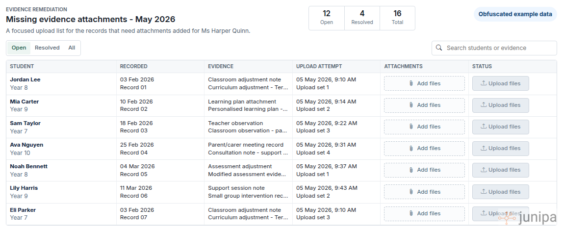 Obfuscated Junipa evidence remediation view showing a focused list of evidence records that need attachments