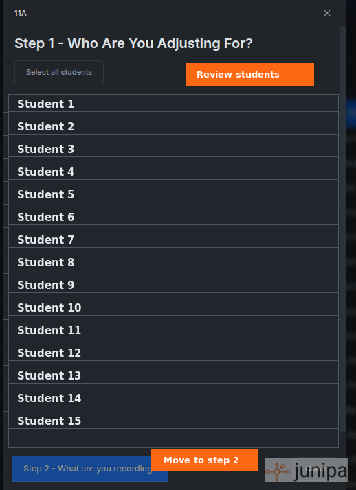 Junipa group adjustment modal with selected students reviewed before moving to the next step.