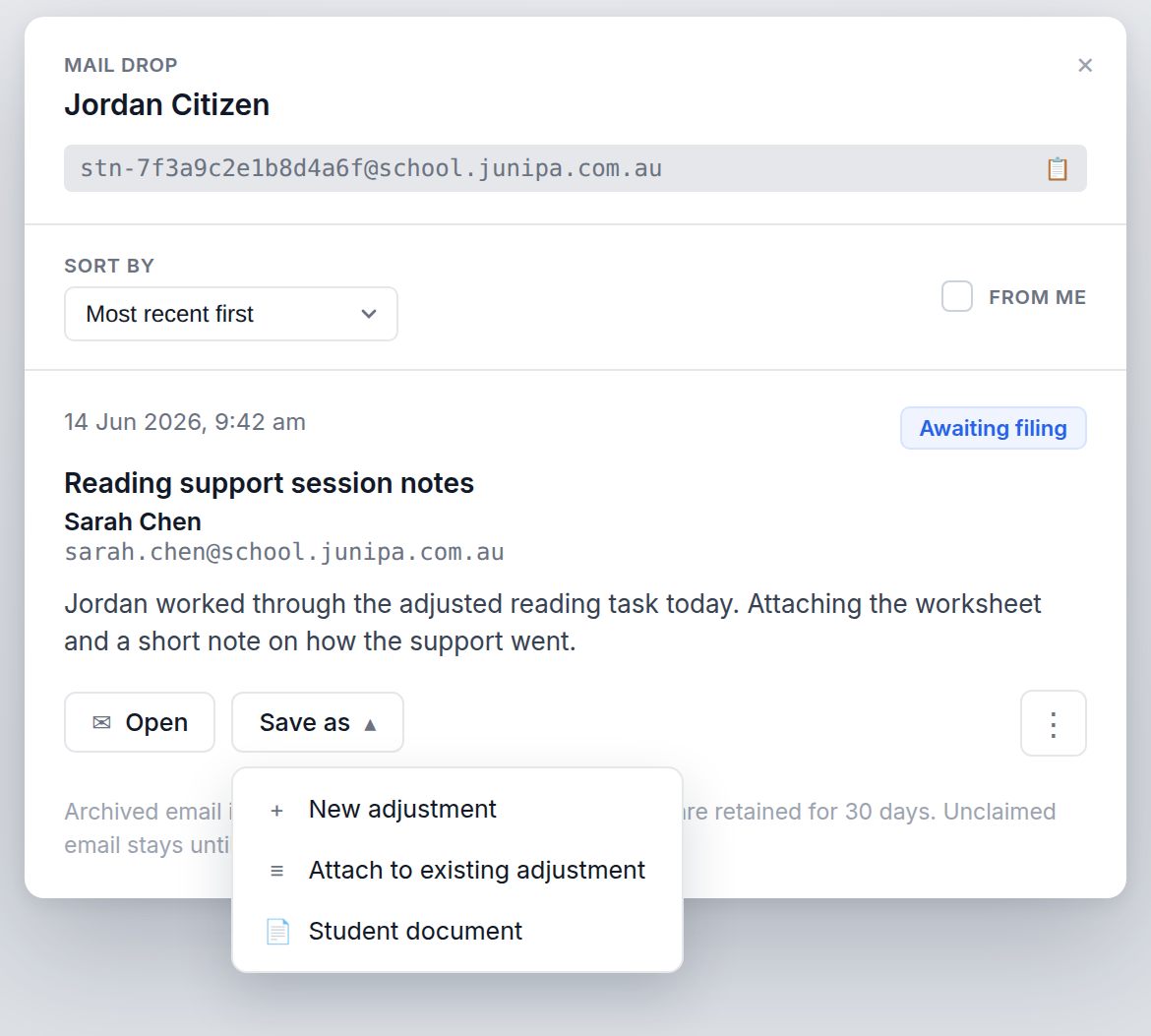 A mail drop message with Open, Save as, and more actions, showing the choice to file as a new adjustment, attach to an existing adjustment, or save as a student document.