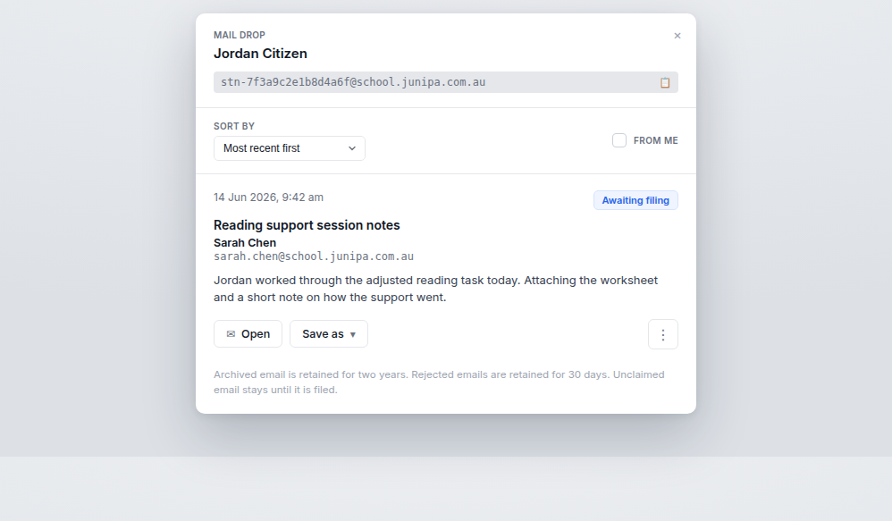 The student mail drop panel showing the student's Junipa email address in a single grey field with a copy icon, a sort control, and the list of messages waiting to be filed.
