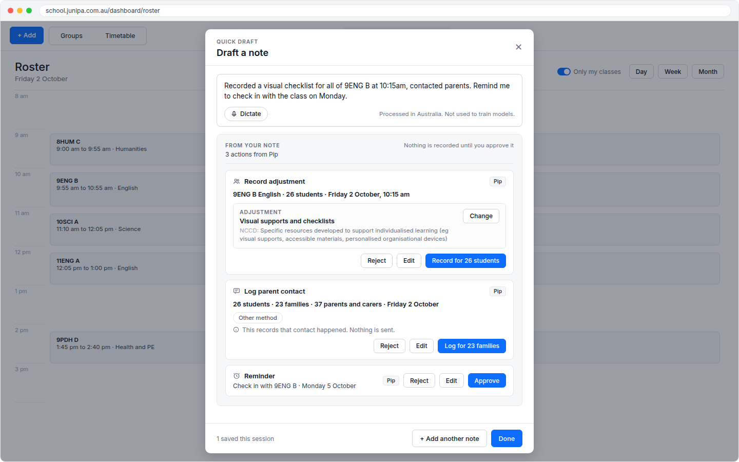 The Draft a note window with a typed note and three suggestions from Pip: Record adjustment for 26 students, Log parent contact for 23 families, and a Reminder for Monday.