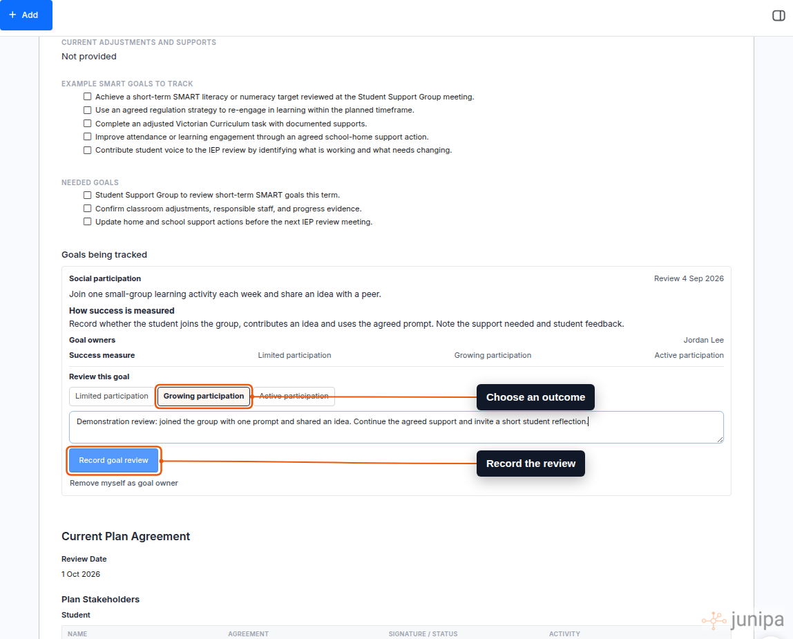 A Junipa student plan showing the goal review outcomes, optional review note and Record goal review button, with the review action highlighted.