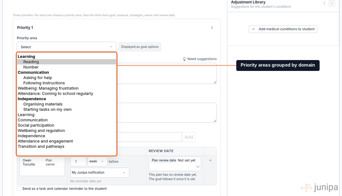 Priority area list on a Junipa plan, grouped by domain: Learning with Reading and Number, Communication with Asking for help and Following instructions, then Wellbeing, Attendance and Independence areas.