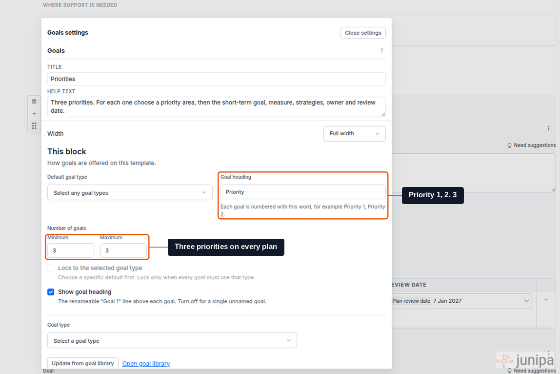 Junipa template builder Goals settings panel with Goal heading set to Priority and the minimum and maximum number of goals both set to 3, each highlighted.