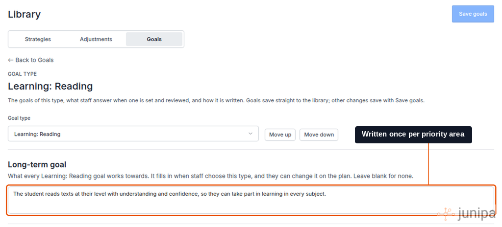 Junipa goal library settings page for the goal type Learning: Reading, with the Long-term goal field highlighted.