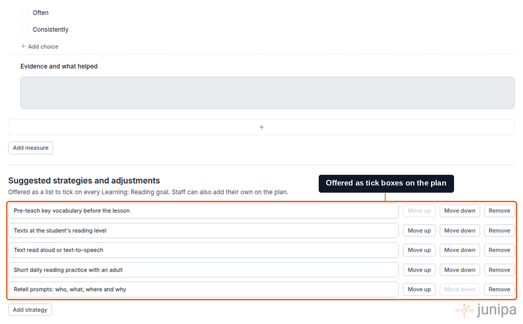 Junipa goal library settings page showing five suggested strategies and adjustments for Learning: Reading, with the list highlighted.