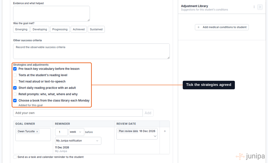 Strategies and adjustments on a Junipa priority, with three strategies ticked including one added for this goal, followed by the goal owner, reminder and review date.