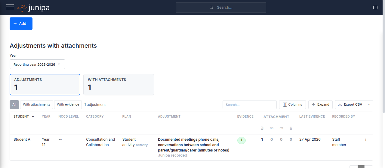 Junipa Adjustments with Attachments report showing one adjustment with supporting attachment counts