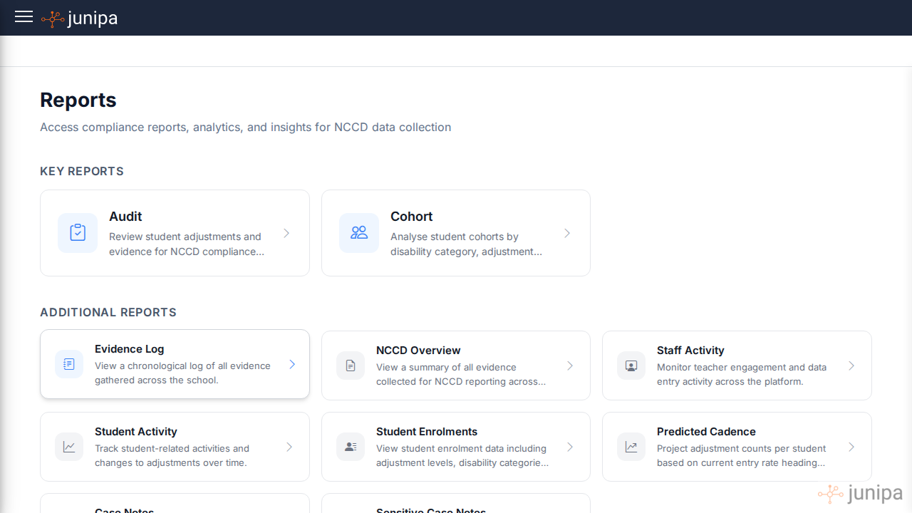Junipa reports hub showing reporting options for schools