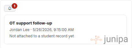 Obfuscated Junipa student record inbox panel showing one pending student email awaiting moderation