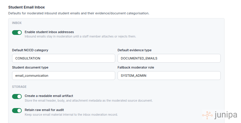 Obfuscated Junipa Student Email Inbox settings showing inbox defaults, evidence category, document type and storage controls