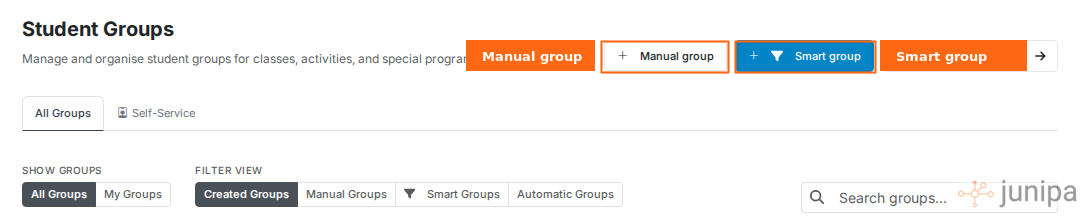 Junipa Student Groups screen showing Manual group and Smart group actions.